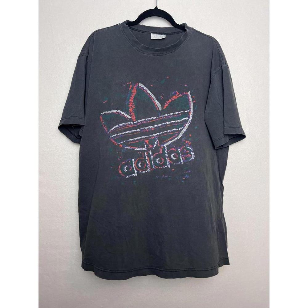 Adidas Vintage 90s Graphic Tee Short Sleeve Distressed Black Size XL